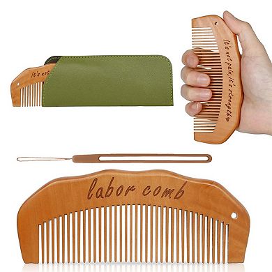 Wooden Labor Comb Set with Smooth Wide-Fine Teeth and Engraved Comfort Grip Design, Storage Case