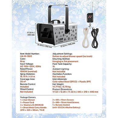 1500W Snow Machine with Wireless Remote & 5L Tank