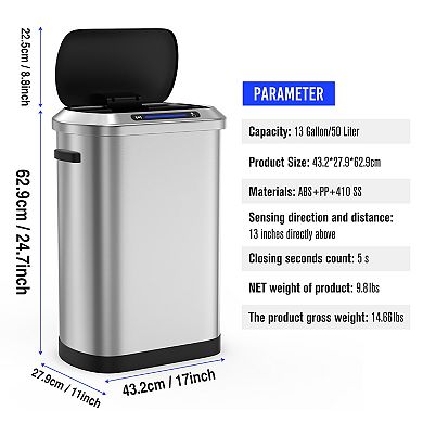 50L Automatic Sensor Trash Can with Smart Motion Detection, Slow-Close Lid Stainless Steel