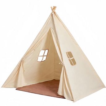 Kids Teepee Play Tent with Mat and Plush Balls Indoor Outdoor Beige