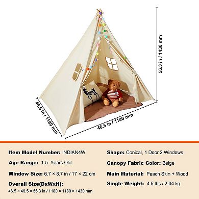 Kids Teepee Play Tent with Mat and Plush Balls Indoor Outdoor Beige