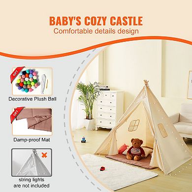 Kids Teepee Play Tent with Mat and Plush Balls Indoor Outdoor Beige