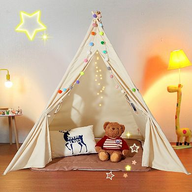 Kids Teepee Play Tent with Mat and Plush Balls Indoor Outdoor Beige