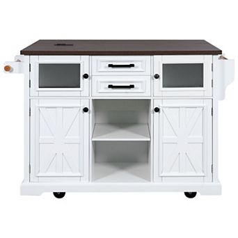 Kitchen Island with Power Outlet, Drop Leaf, Glass and Barn Doors, 4 Shelves and Wheels