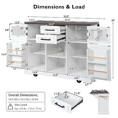 Kitchen Island with Power Outlet, Drop Leaf, Glass and Barn Doors, 4 Shelves and Wheels