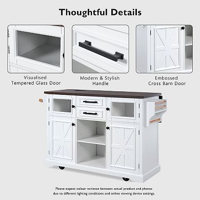 Kitchen Island with Power Outlet, Drop Leaf, Glass and Barn Doors, 4 Shelves and Wheels