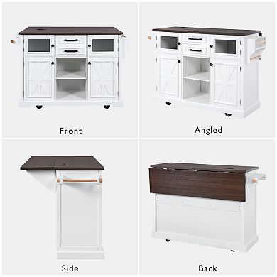 Kitchen Island with Power Outlet, Drop Leaf, Glass and Barn Doors, 4 Shelves and Wheels