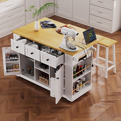 Kitchen Island With Drop Leaf, Power Outlet, Storage Racks, Rolling Cart on 5 Wheels