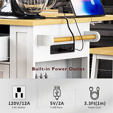 Rolling Kitchen Island with Drop Leaf, Power Outlet, Internal Rack, 5 Side Racks, 5 Wheels