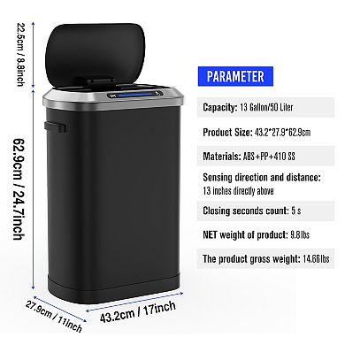 50L Automatic Smart Sensor Trash Can with Silent-Close Lid,Stainless Steel Kitchen Bin