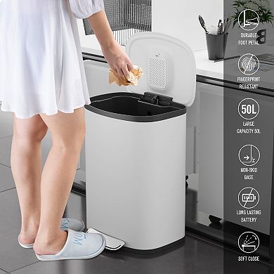 50L Curved Stainless Steel Trash Can, Kitchen Foot Operated Garbage Bin with 30 Garbage Bags