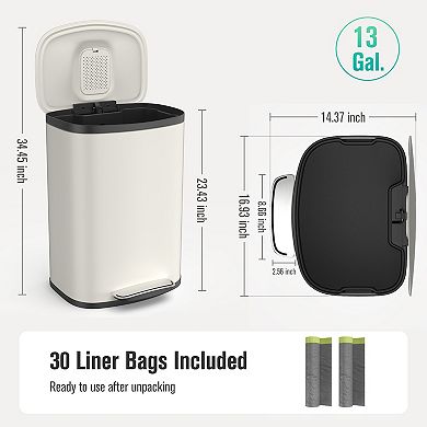 50L Curved Stainless Steel Trash Can, Kitchen Foot Operated Garbage Bin with 30 Garbage Bags