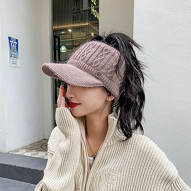 Plush Knit Ponytail Visor Hat with Soft Textured Cable Pattern and Curved Brim Design