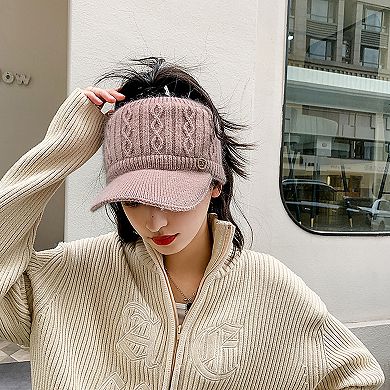 Plush Knit Ponytail Visor Hat with Soft Textured Cable Pattern and Curved Brim Design