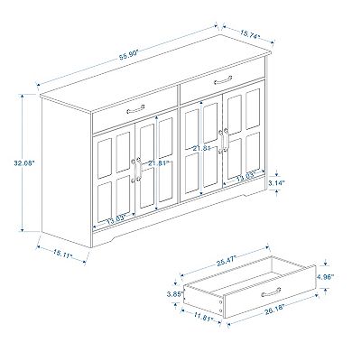 Farmhouse Sideboard Buffet Cabinet with 2 Drawers and 4 Doors for Dining Storage