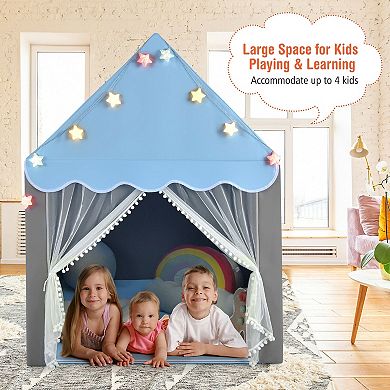 Kids Playhouse Tent with Star Lights and Floor Mat - Blue