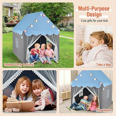 Kids Playhouse Tent with Star Lights and Floor Mat - Blue