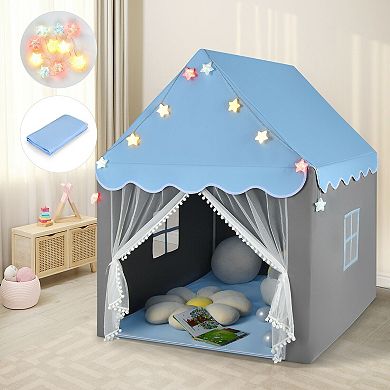 Kids Playhouse Tent with Star Lights and Floor Mat - Blue