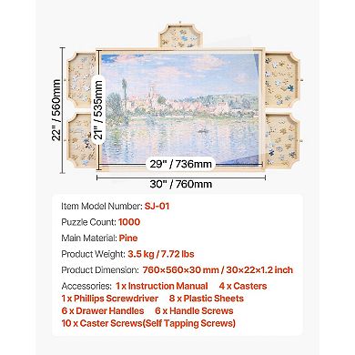 1000-Piece Rotating Puzzle Board 29"x21" with Drawers and Cover