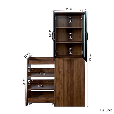 Display Cabinet with 2 Glass Doors, 4 Pull Out Multi Tier Shelves, Modern Pantry Storage for Home