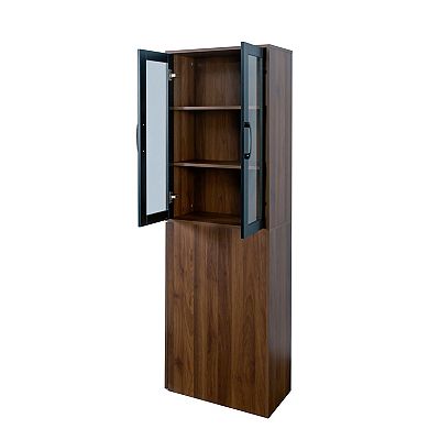 Display Cabinet with 2 Glass Doors, 4 Pull Out Multi Tier Shelves, Modern Pantry Storage for Home