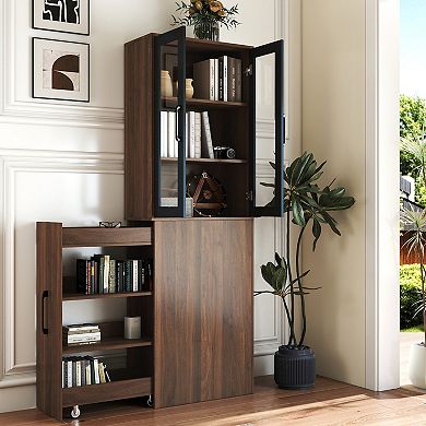 Display Cabinet with 2 Glass Doors, 4 Pull Out Multi Tier Shelves, Modern Pantry Storage for Home