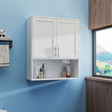 Wall Mount Bathroom Mirror Cabinet with Dual Doors and Tissue Slot