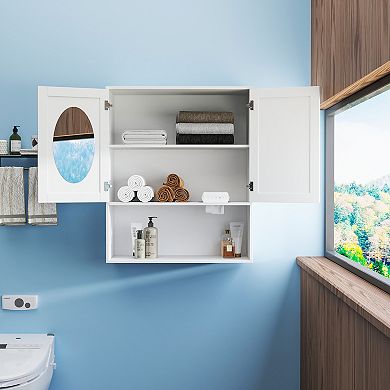 Wall Mount Bathroom Mirror Cabinet with Dual Doors and Tissue Slot