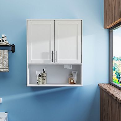 Wall Mount Bathroom Mirror Cabinet with Dual Doors and Tissue Slot