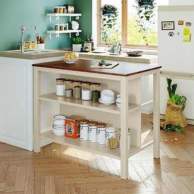 Solid Wood Kitchen Island with Butcher Block and Open Shelves for Small Spaces