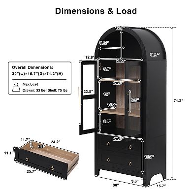 Tall Arched Kitchen Pantry Cabinet with Glass Doors, Adjustable Shelves and 2 Large Drawers