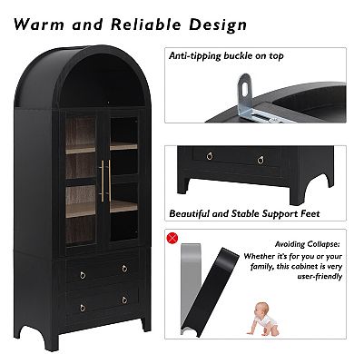 Tall Arched Kitchen Pantry Cabinet with Glass Doors, Adjustable Shelves and 2 Large Drawers