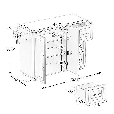 Kitchen Island with Spice Rack, Towel Bar and Extensible Solid Wood Tabletop