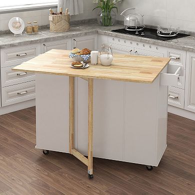 Kitchen Island with Spice Rack, Towel Bar and Extensible Solid Wood Tabletop