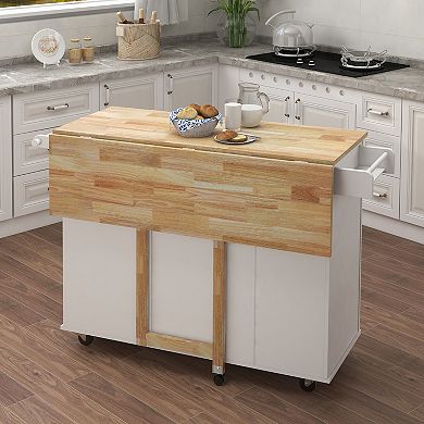 Kitchen Island with Spice Rack, Towel Bar and Extensible Solid Wood Tabletop
