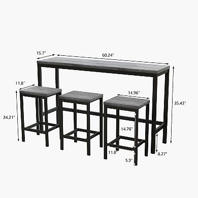 Modern Long Dining Table Set with 3 Stools and Metal Frame