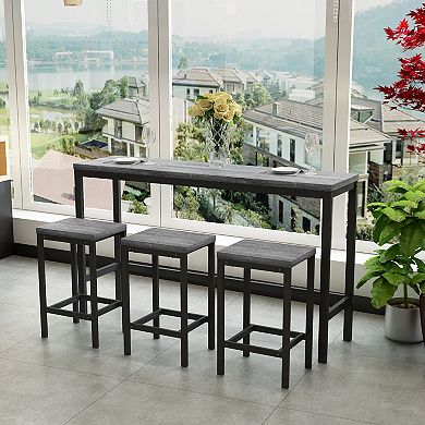 Modern Long Dining Table Set with 3 Stools and Metal Frame