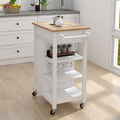 Rolling Kitchen Cart with Adjustable Shelves, Towel Rack and Rubber Wood Top