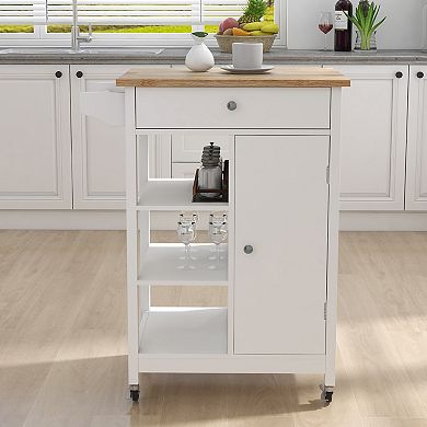Rolling Kitchen Cart with Adjustable Shelves, Towel Rack and Rubber Wood Top