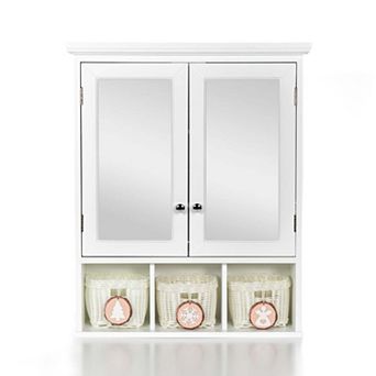 White Bathroom Mirror Cabinet with Double Doors and Christmas Style Storage Baskets