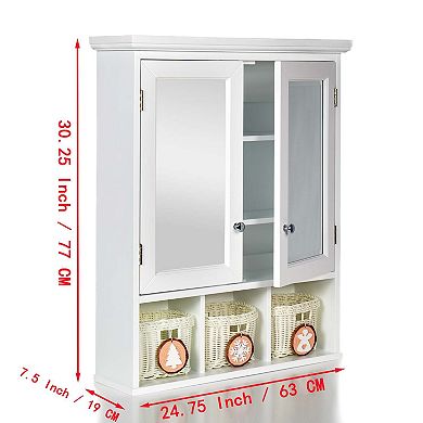 White Bathroom Mirror Cabinet with Double Doors and Christmas Style Storage Baskets