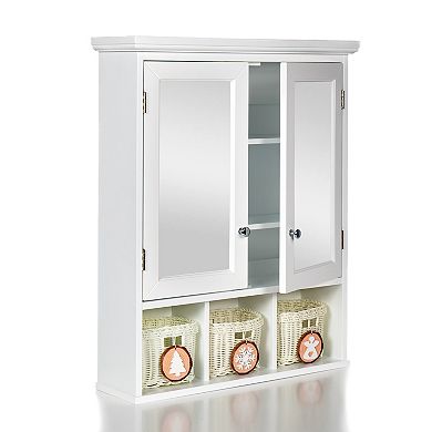 White Bathroom Mirror Cabinet with Double Doors and Christmas Style Storage Baskets