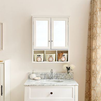 White Bathroom Mirror Cabinet with Double Doors and Christmas Style Storage Baskets