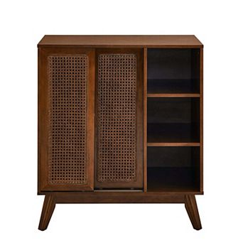 Mid Century Rattan Sideboard with Adjustable Shelf and Solid Wood Feet for Home Use