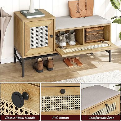 IDEALHOUSE Rattan Shoe Bench with Linen Seat Cushion and Storage Cabinet