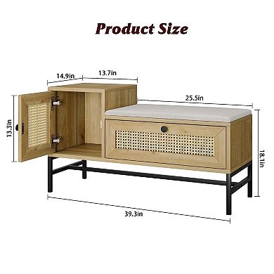 IDEALHOUSE Rattan Shoe Bench with Linen Seat Cushion and Storage Cabinet