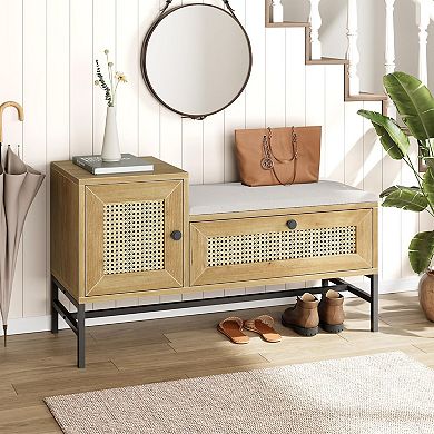 IDEALHOUSE Rattan Shoe Bench with Linen Seat Cushion and Storage Cabinet