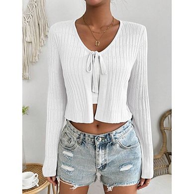 Women's Long Sleeve Cropped Cardigan Lightweight Knit Tie Front Sweater