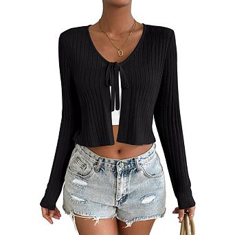Women's Tie Front Long Sleeve Rib Knit Shrug Sweaters Cardigan Crop Top Causal Summer Tops