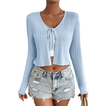 Women's Tie Front Long Sleeve Rib Knit Shrug Sweaters Cardigan Crop Top Causal Summer Tops
